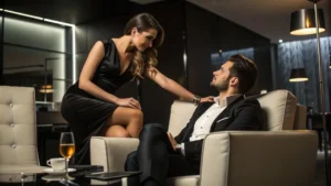 high-class escort girl during work