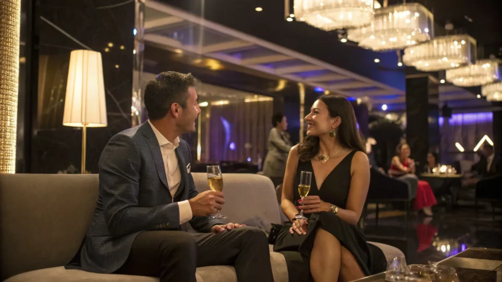 sex worker talking with a guest in a sex club