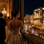 Couple in evening dress leaving a ball in Vienna on a winter night with snow on the street